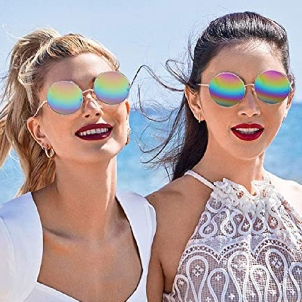 Unisex Men Women Mirrored Rainbow Pride Round Circle Frame Hippie Sunglasses